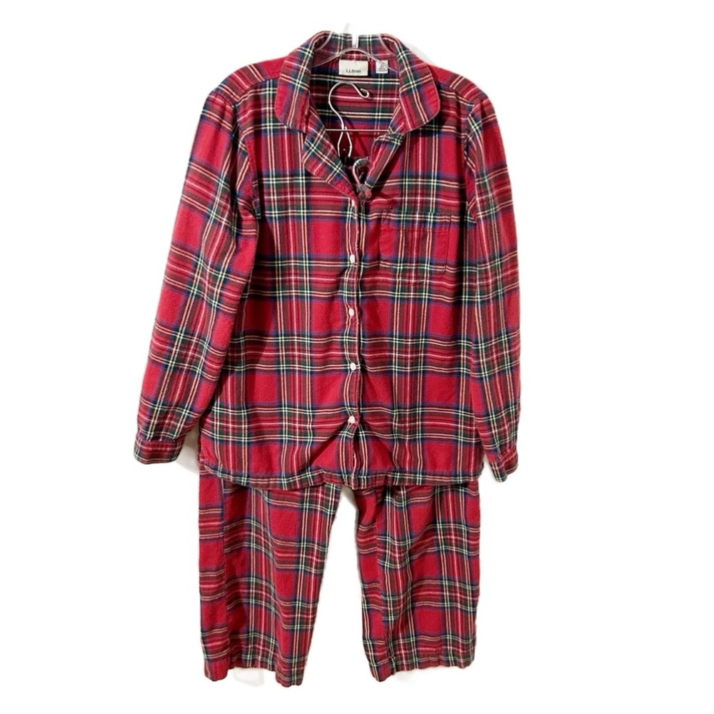 L.L. Bean Cozy Red Plaid Cotton Flannel Two Piece Pajamas Set Relaxed Fit